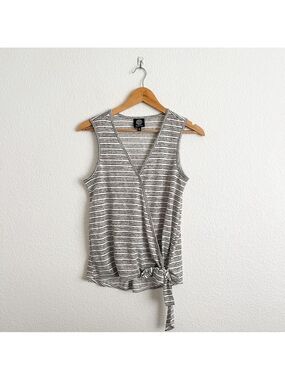 Bobeau Small White Black Stripe Tank Top V-Neck Faux Wrap Tie Front